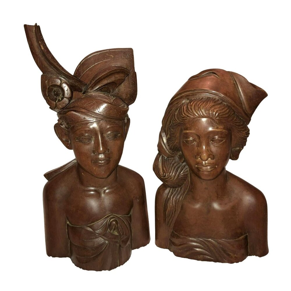 Hand Carved Indonesian Busts Signed AA Fatimah Woman Warrior Circa 1940 Bali Set